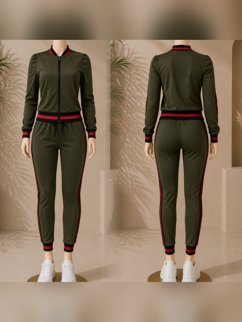 Olive Green Two-Piece Track Jacket & Jogger Set with Red-Black Trim